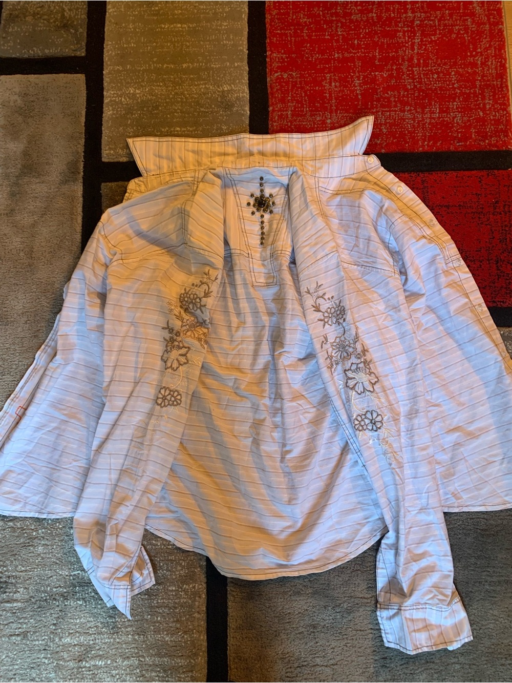 Light Blue Striped Embroidered Women's Button-Up Shirt